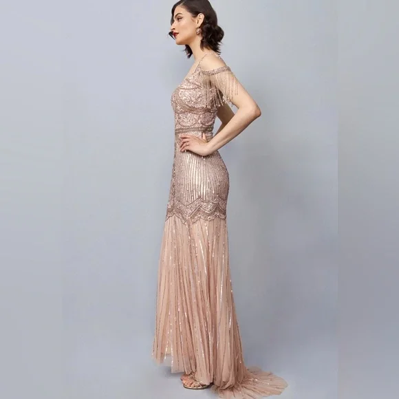 Gatsbygirl | Dresses | Elegant Roaring 2s Style Gown Size 0 Champagne Pink  Beaded With Train | Poshmark